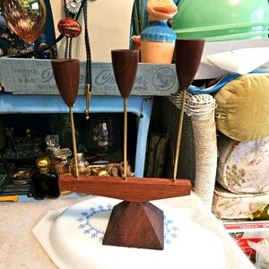 MCM Danish Teak/Metal Candle Holder Candelabra